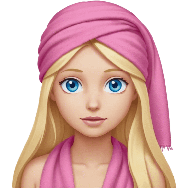 Cinematic realistic blonde with long hair and blue eyes, with a pink towel on her head emoji