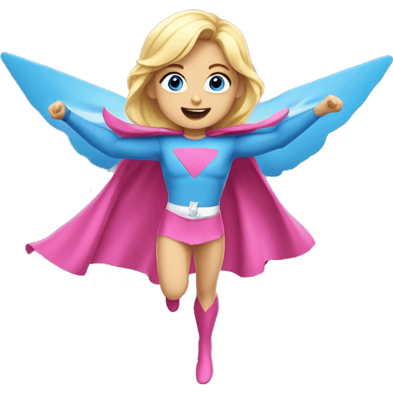 young blonde girl, blue eyes, wearing pink superhero costume, flying with both arms up emoji