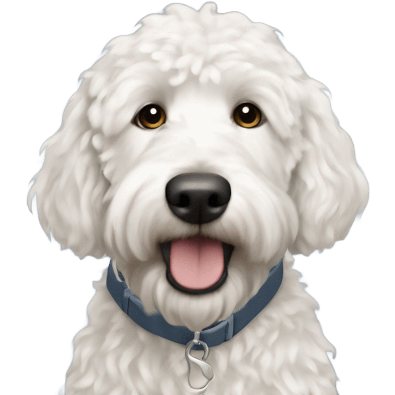 i want a white golden doodle medium hair length wearing a thunder shirt  emoji