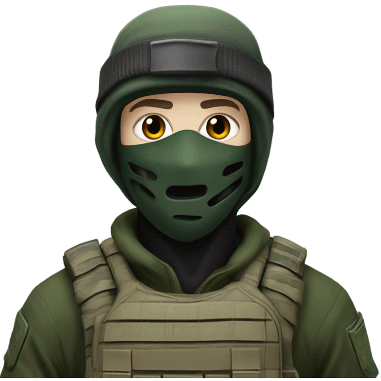 white male, pale skin, call of duty dark mask, green camo tactical gear, combat boots, black beanie, hazel eyes emoji