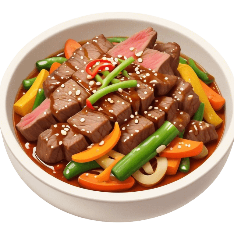 Cinematic Realistic Bulgogi Dish Emoji, featuring tender, marinated beef stir-fried with vegetables rendered with dynamic textures and mouth-watering lighting. emoji