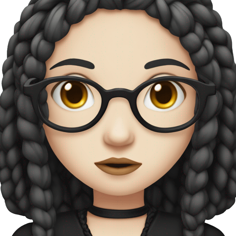 "An emoji of a girl with long black braids, pale skin, and a serious expression, wearing a dark gothic-style dress, with round black-rimmed glasses to add a studious, mysterious look emoji