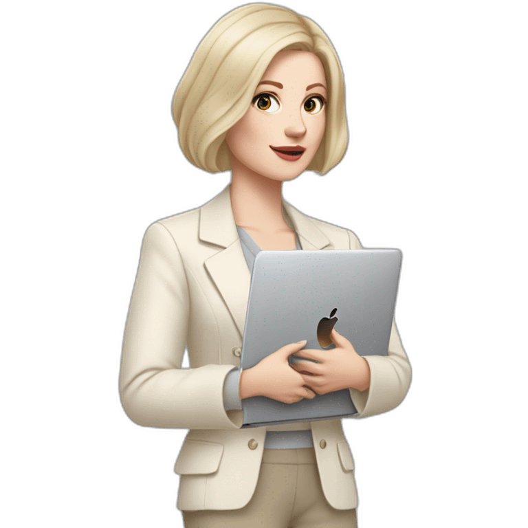 pale skin woman with ash blonde Straightened bob Hair, White Spacious classical jacket, beige palazzo Arrow pants and gray blouse holding a MacBook in the hands emoji