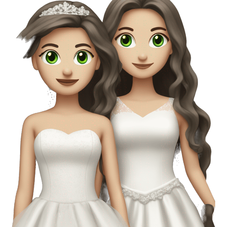 2 dark brown straight long hair white girls, one with green eyes and one with blue eyes. both in wedding dressed emoji