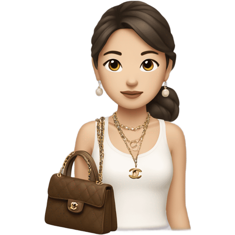 Realistic brown hair Chanel Asian Girl with Birkin bag and Chanel necklace emoji