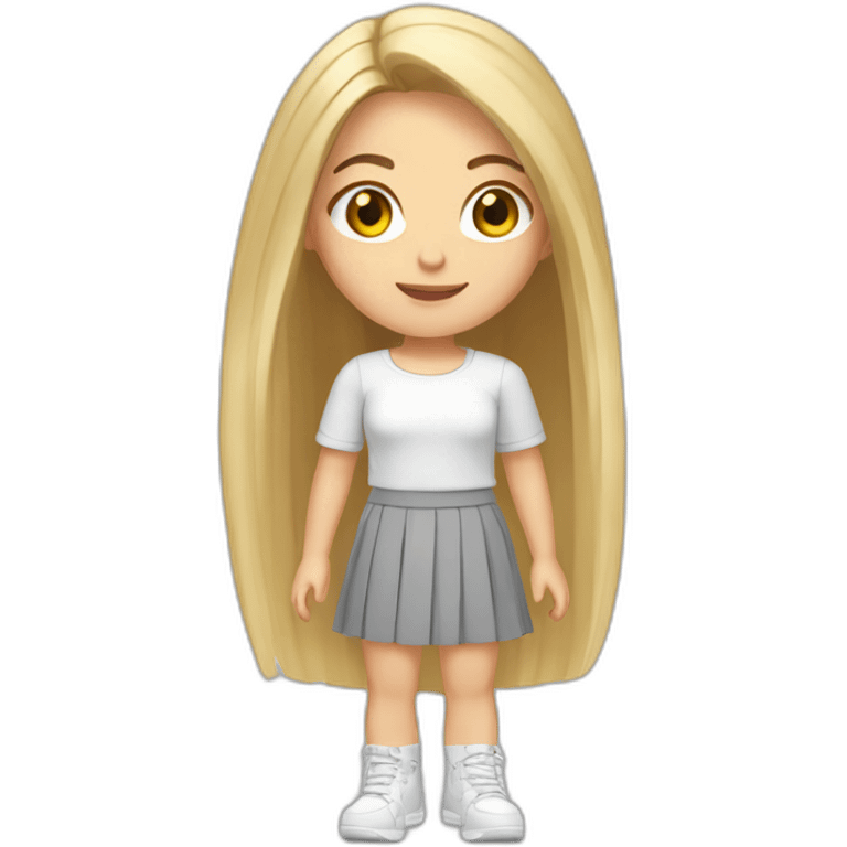 caucasian girl, long straight blonde hair, white sheer top, grey mini skirt, grey and white sneakers emoji