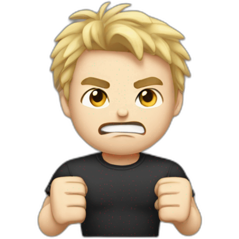 light haired angry young man in dark t-shirt with both fists clenched to his forehead emoji