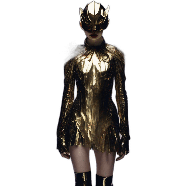 grimes, iris van herpen dress, sword, silver mask, Bathed in shadows, 90 degrees, short lighting, L USM, Cold Colors, gilded technique, extremely hyper aesthetic emoji