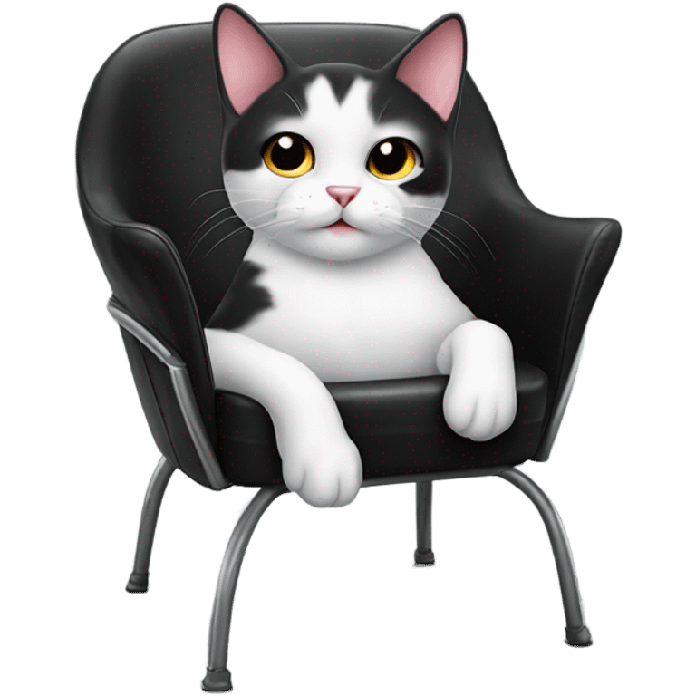 cute black and white cat laying on a big modern black leather and metal chair  emoji