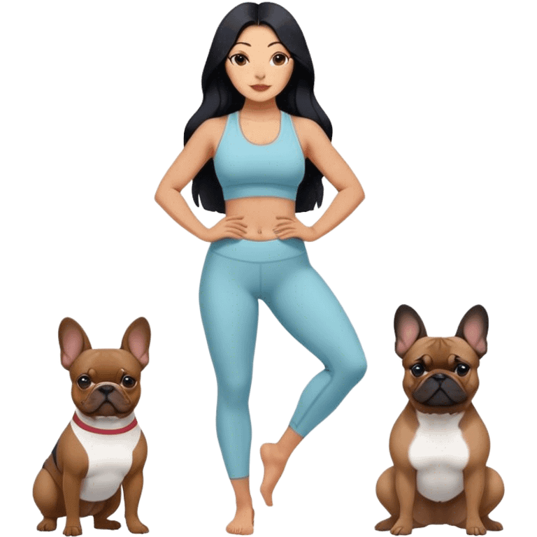 latin woman in a yoga outfit with long black hair standing alongside two French bulldogs  emoji