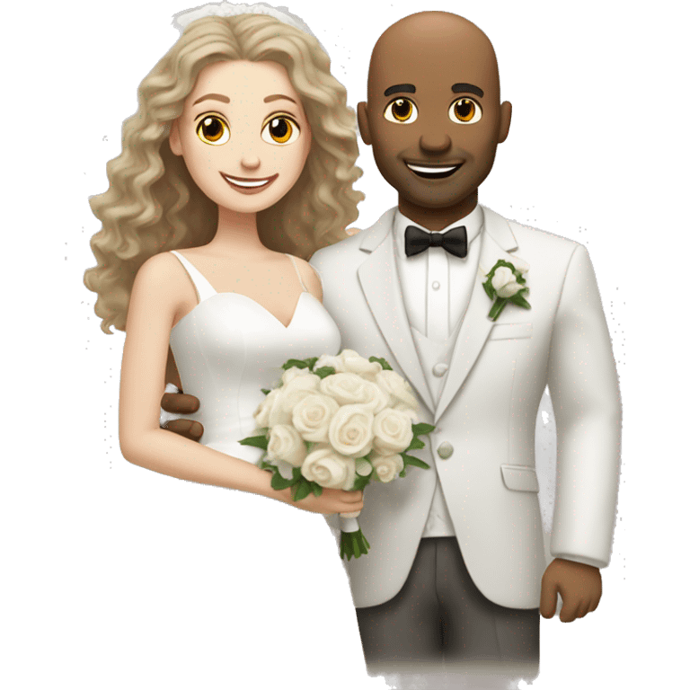 White bald man and his whitewife with long, brown, curly hair on their wedding day emoji