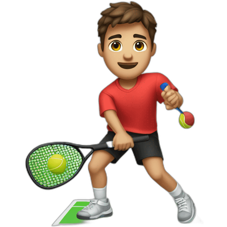 Young guy with swooped brown hair playing pickleball full body red shirt black shorts solid black paddle emoji