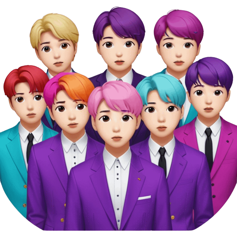 Cinematic Realistic group portrait of BTS featuring all 7 members in stylish modern attire, with detailed facial expressions and vibrant colors, captured in dynamic, contemporary lighting that emphasizes their global pop icon status emoji