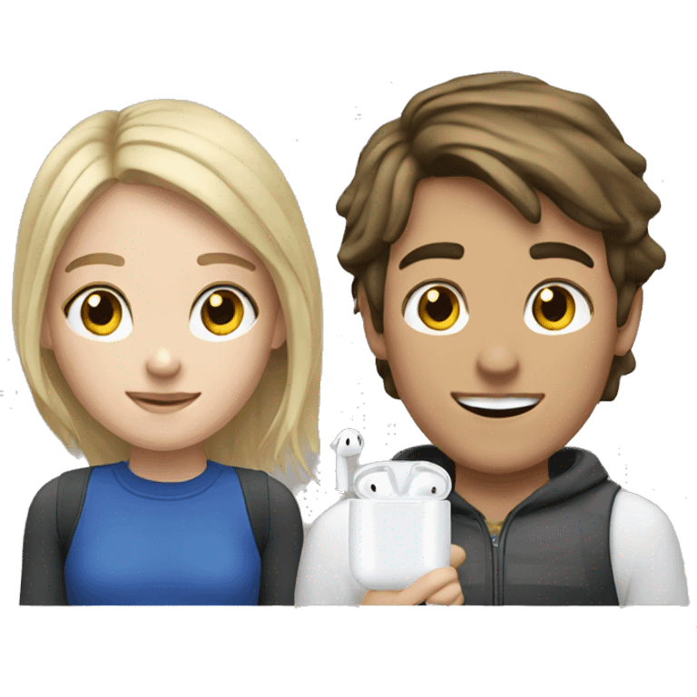 Blonde girl and brunette boy sharing AirPods  emoji