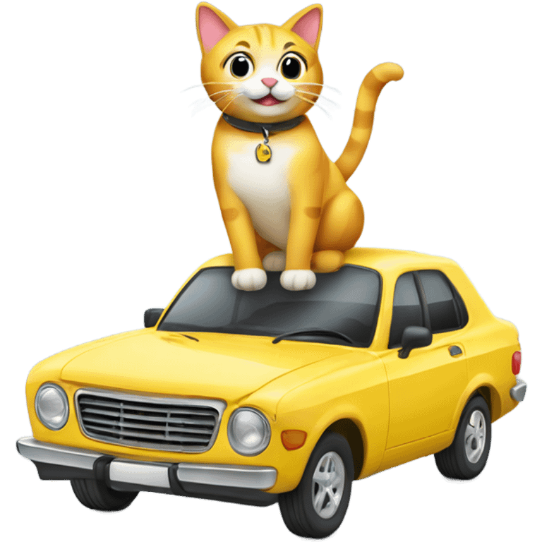 A cartoon emoji-style car with a cat sitting on the open hood, holding a wrench and smiling emoji