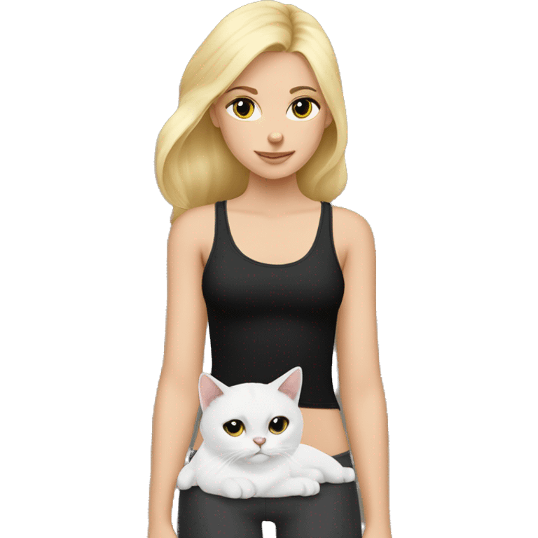 blonde girl in tank top with white and black cat emoji