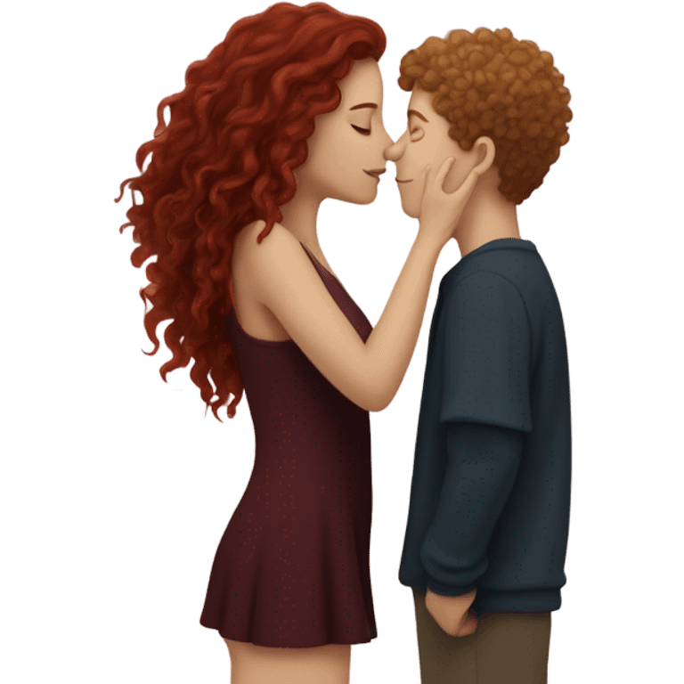 White girl with long burgundy hair kissing a white boy with curly short hair under a sky of star emoji