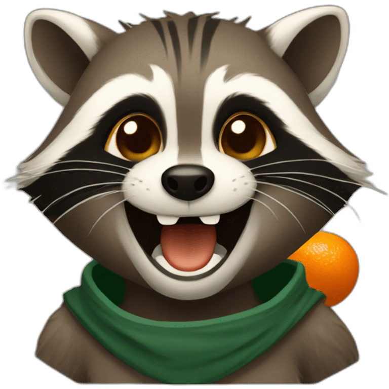 a small brown raccoon with orange eyes and a dark green hood that is laughing emoji