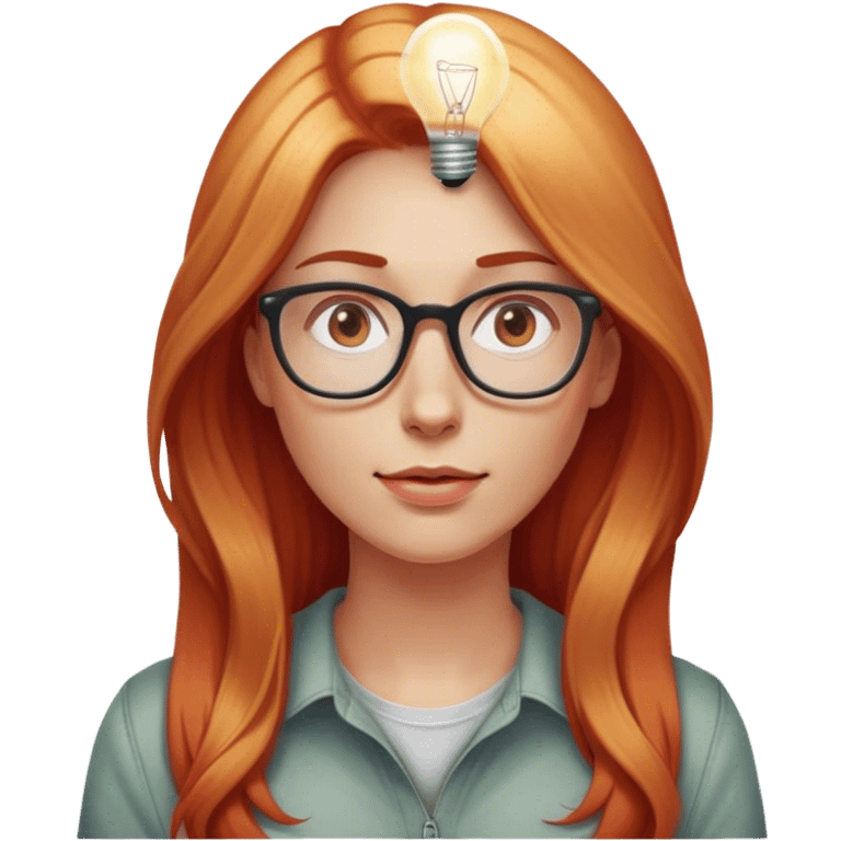 intelligent and clever, 30 year old, girl, long red and almost blond hair, glasses, has an brillant idea, light bulb over the head, casual cloth  emoji