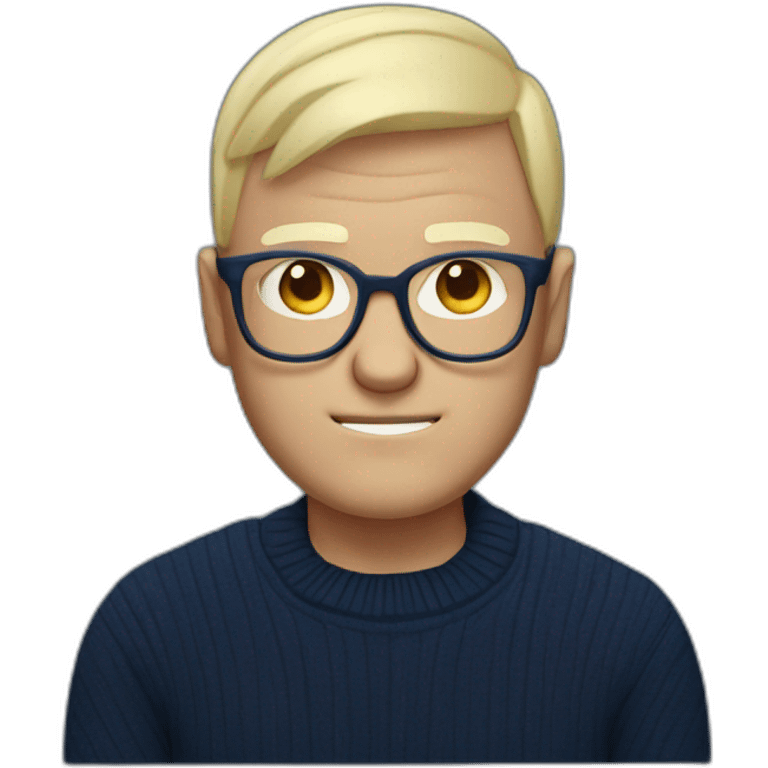 grumpy blond bald man with round glasses with navy sweater emoji