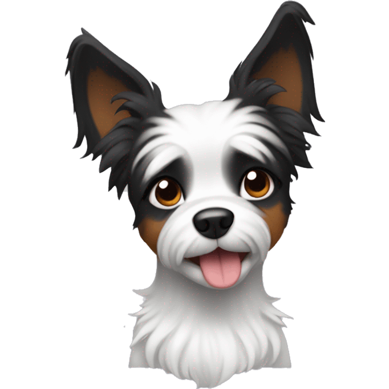 Shaggy black and white small dog with pointed ears  emoji