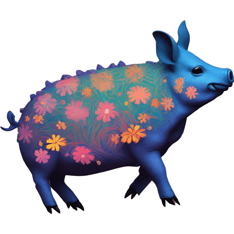 retro groovy hippie trippy floral patterns on a pig armadillo centipede emoji