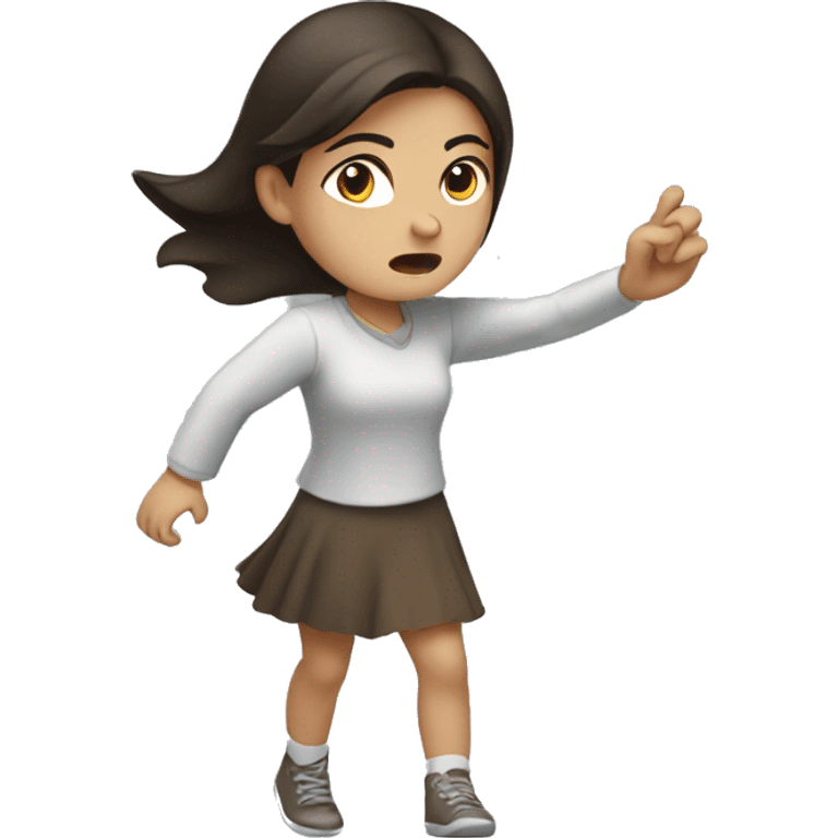 Brunette girl reaching forward while angry emoji