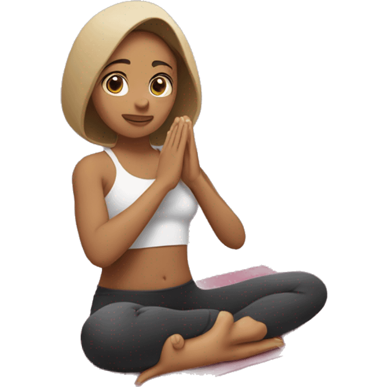 Girl seating in the yoga pose, with coco in her hands and covered with blanked  emoji