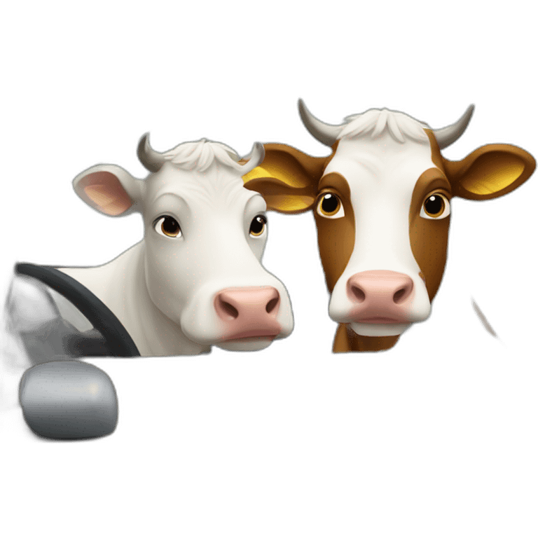 Two cows chilling in a car emoji