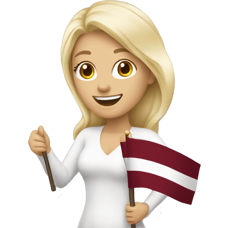 Happy blonde woman with a flag of Latvia in hands emoji