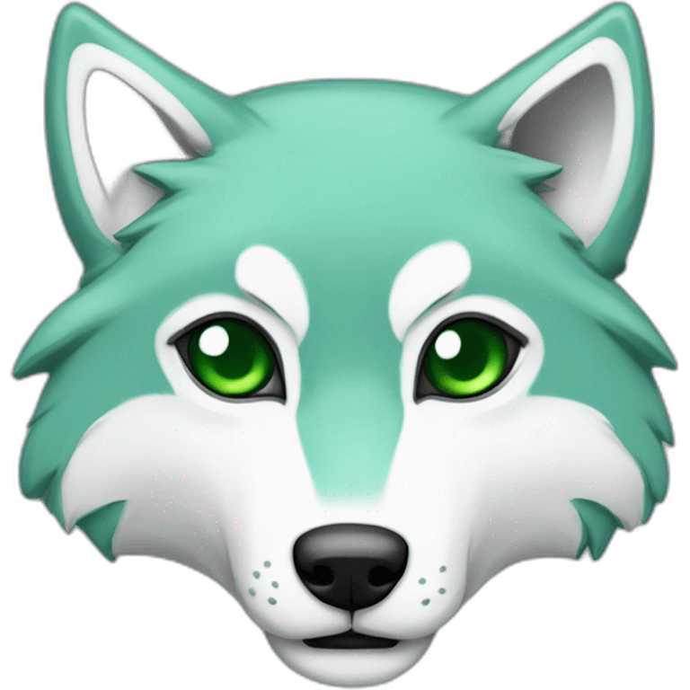 light turquoise and white wolf with dark green eyes and one eye is grey and dead emoji