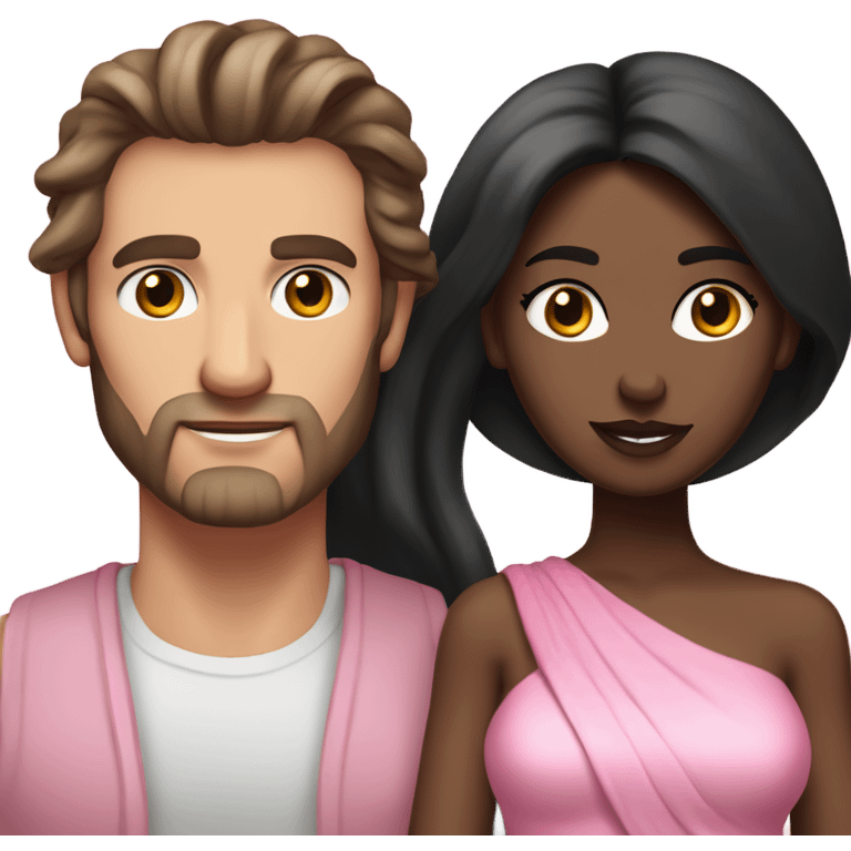 A handsome pale Greek god man who has long brown hair and tanned skin with a pretty black skinny tall model woman who has long black hair and she is wearing a pink dress and they are a couple emoji