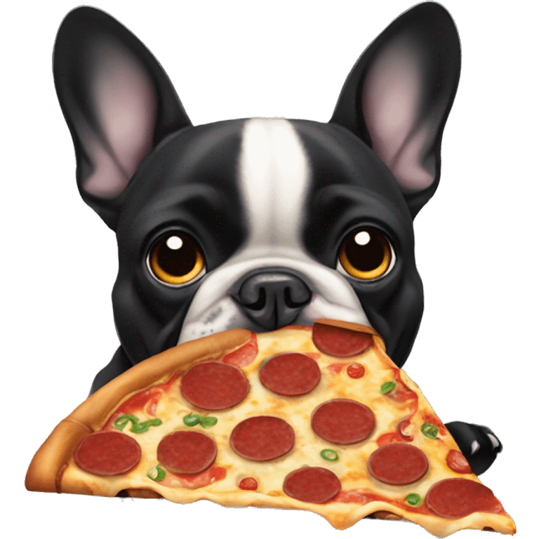 All black French bulldog eating pizza emoji