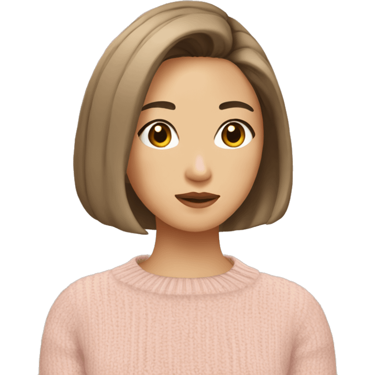 a young pretty asian woman, light brown short hair, light brown eyes, beige and pastel pink knit sweater, textured bob emoji