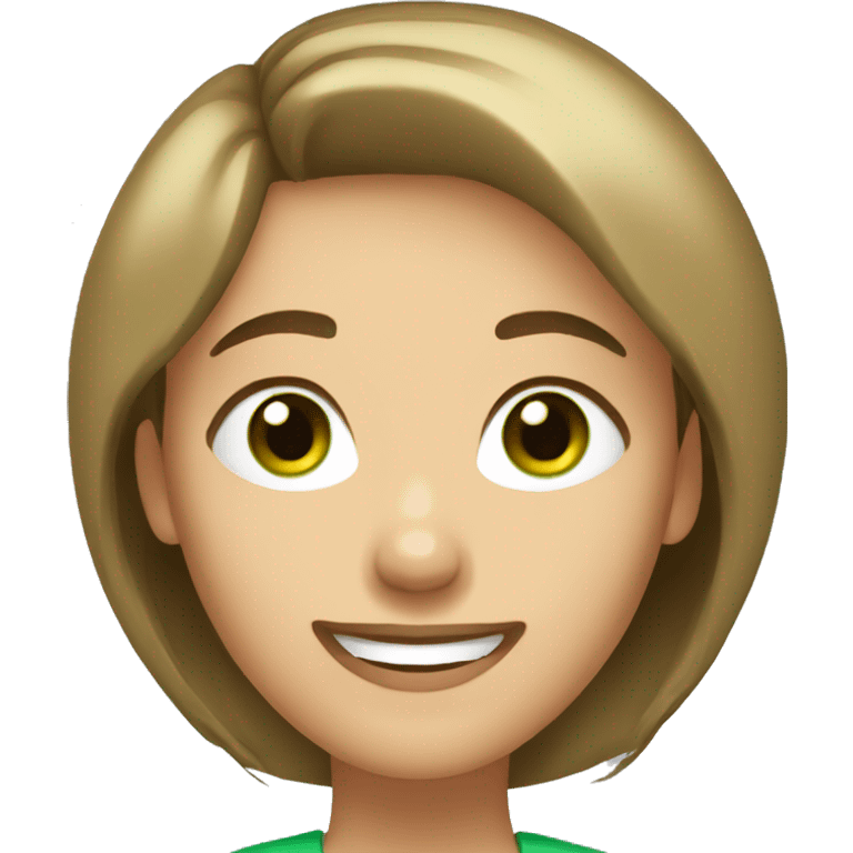 woman face with short  bob brown hair and green eyes, huge smile emoji