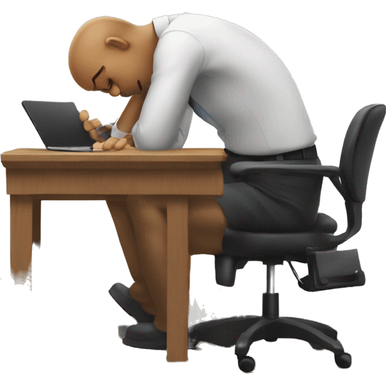 man sitting at a wooden work desk in office chair slumped and looking frustrated emoji