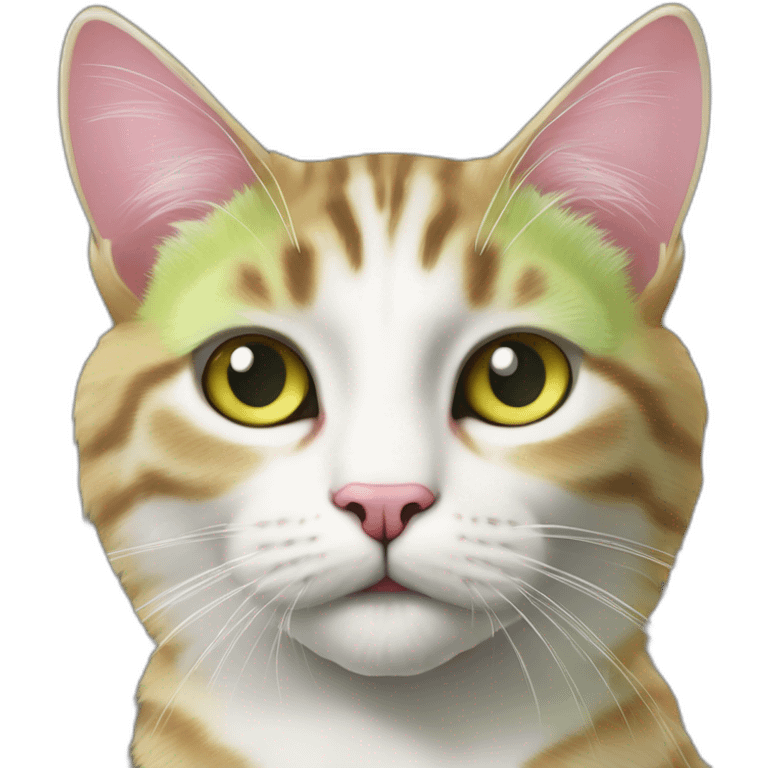 cat Tabby (Mainly black and a little brown) fluffy cat pink-nose light-green&yellow-eyes,-white-long-whiskers,-white-spots-near-the-nose,sharp chin.,long ears,sharp of the eyes emoji