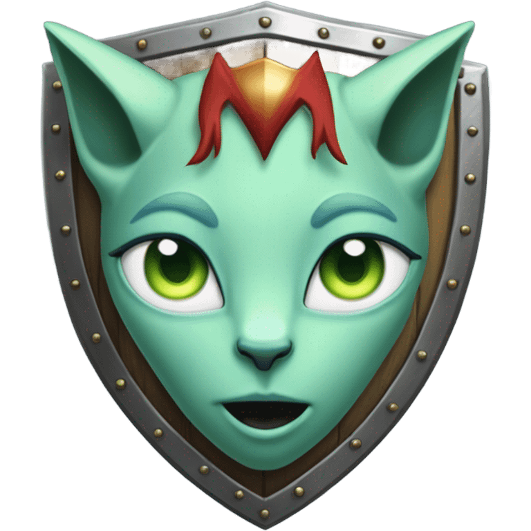 medieval shield: [politically incorrect, (
	{ female, alien, witch, color: light green, hair:red, eyes:cat} ]
	on a 
	[{ unicorn: white, legged:four, mane: light blue }]) emoji