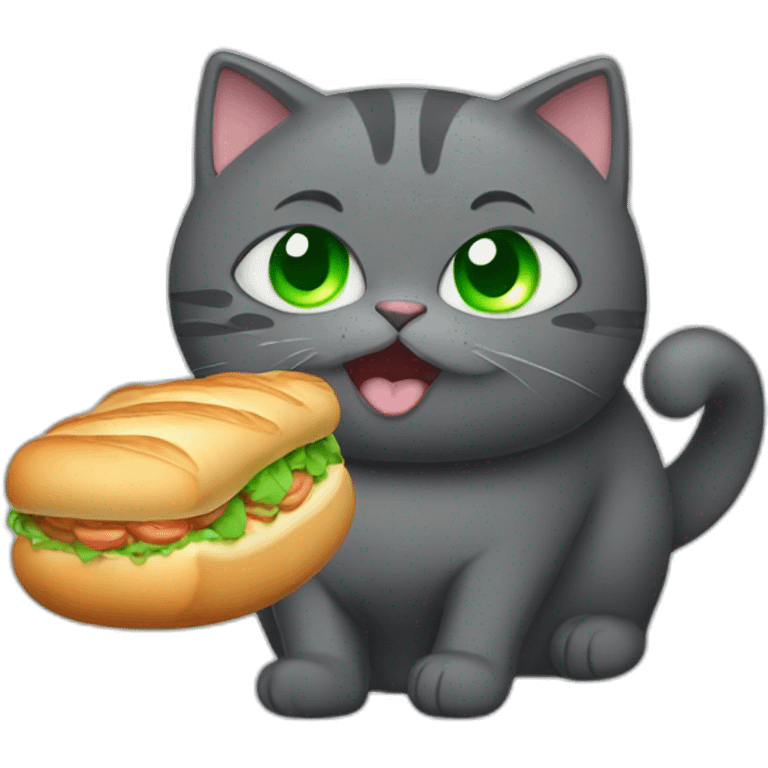 happy dark grey fat cat with green eyes and short tail eating a baguette emoji