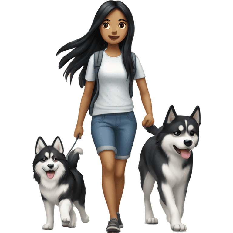 Long black hair pale girl walking husky dog emoji