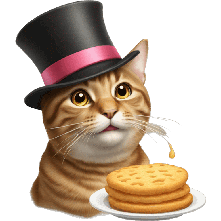 tabby cat with a tophat and a bow trying to eat food emoji