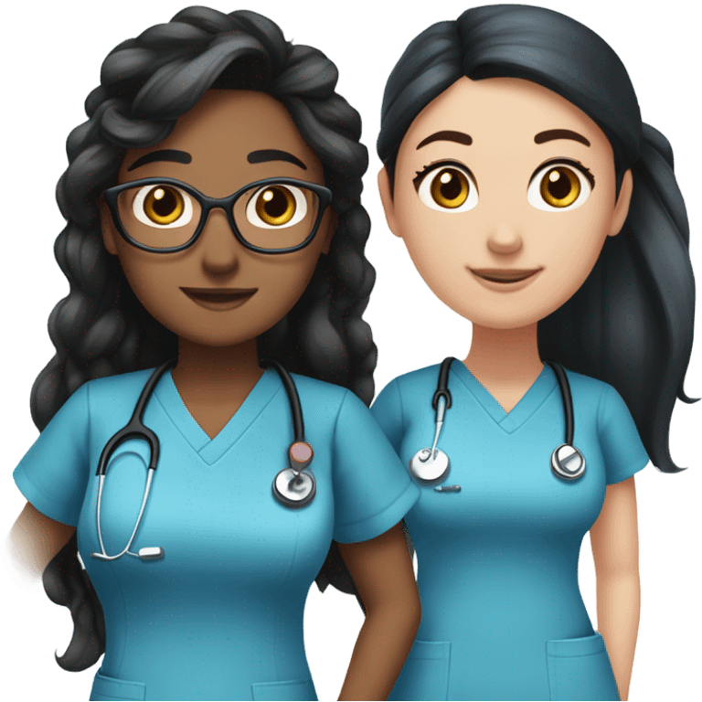 Best friend nurses in blue scrubs one has glasses and long black hair in a pony tails, the other has long dark brown hair and  freckles emoji