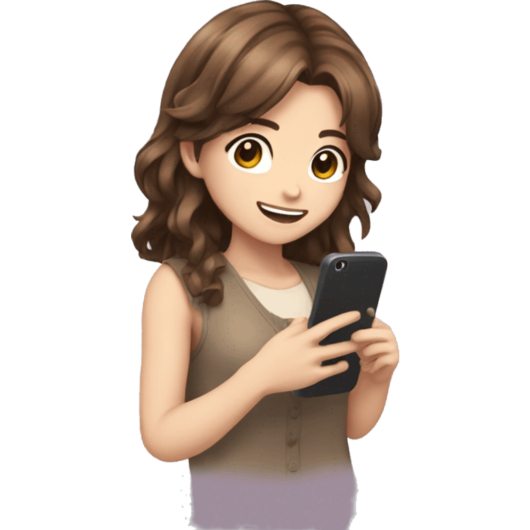 anime girl, brown hair, holding phone, smiling emoji