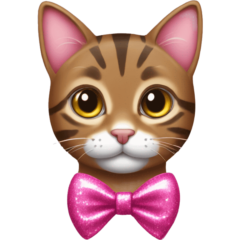 brown tabby cat with a pink sparkly bow emoji