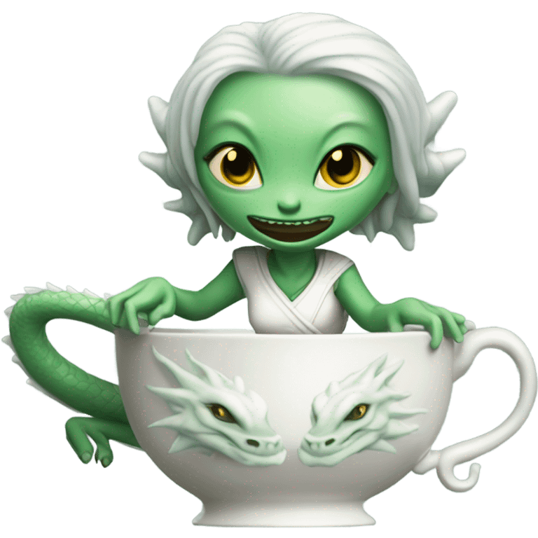 Photo realistic, alien female green,  on ride white china dragon infinite story emoji