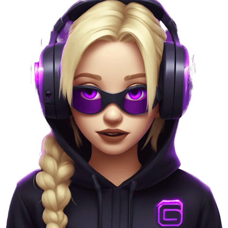 Russian cute blond girl wearing black hoody with violet letters "OMG", in vr headset. Cyberpunk style. Violet neon. emoji