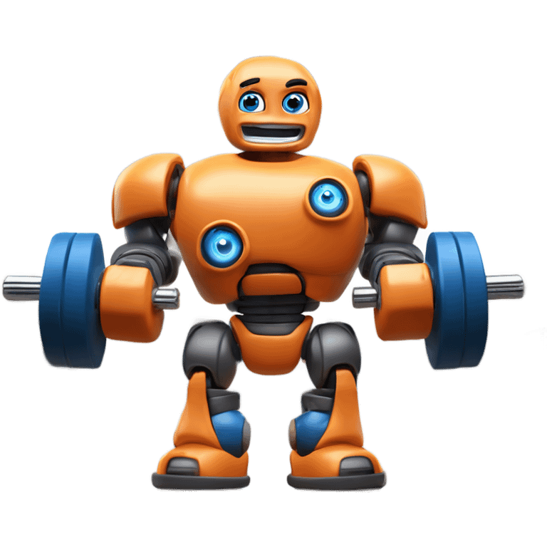 A Disney Pixar-style 3D render of a bodybuilder robot's face with blue eyes in a gym. show only the face and torso. The robot is wearing an orange tank top, holding a dumbbell, and has a confident, friendly expression emoji