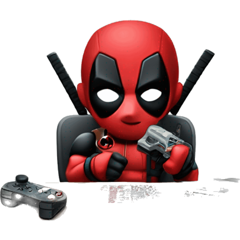 Cute Deadpool holding controller sitting at a desk, front view emoji