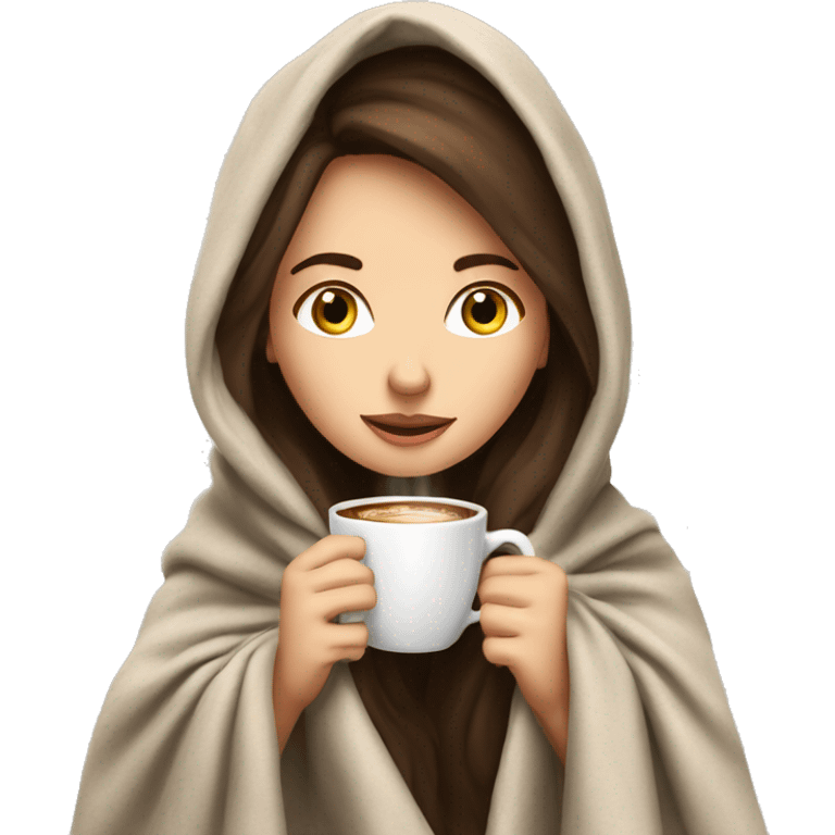 brunette white girl under blanket with coffee cup emoji