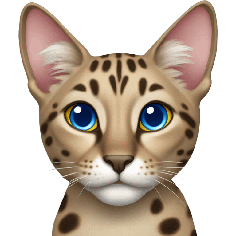 A cat, breed Savannah f1, with big ears, coloring like a leopard and blue eyes named Luna emoji